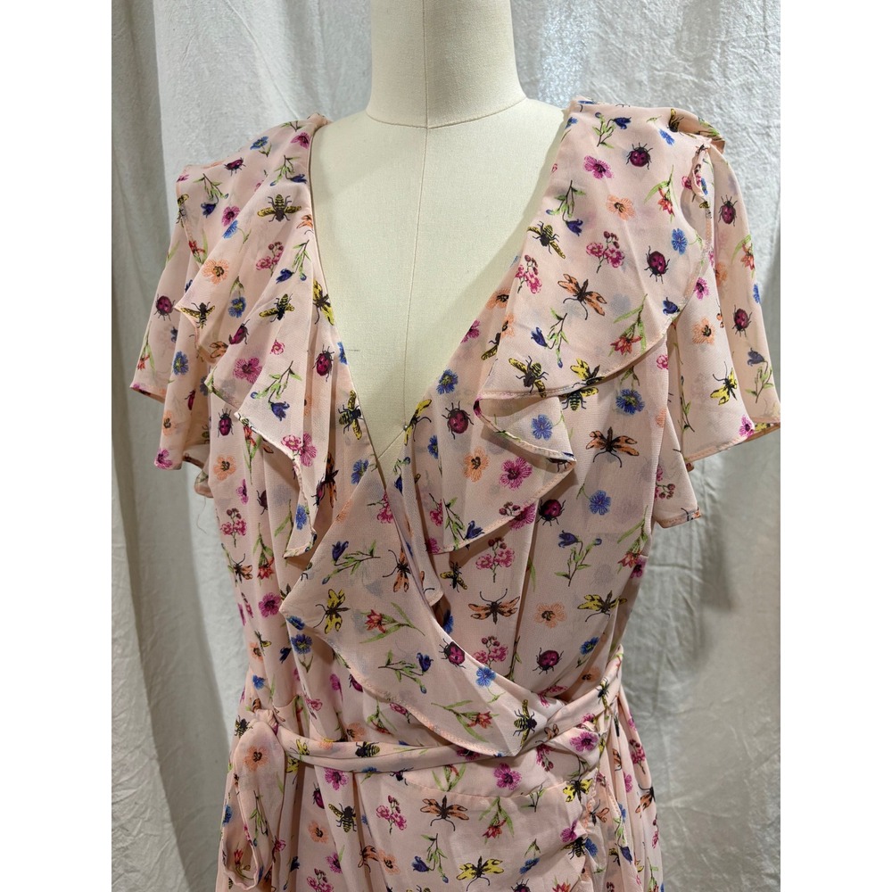 Betsey Johnson Pink Floral Bee Ladybug Ruffle Wrap Dress Plus Size 16W Midi - Picture 2 of 7